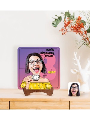BK Gift Kişiye Özel Kadınlar Günü Karikatürlü Ahşap Standlı Puzzle Çerçeve-3