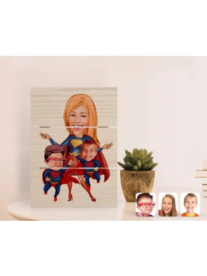 BK Gift Kişiye Özel Süper Anne ve Süper Çocuklar Karikatürlü Otantik Masaüstü Ahşap Palet Çerçeve-1
