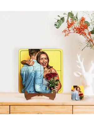 BK Gift Kişiye Özel Yağlıboya Tasarımlı Ahşap Standlı Puzzle Çerçeve-1