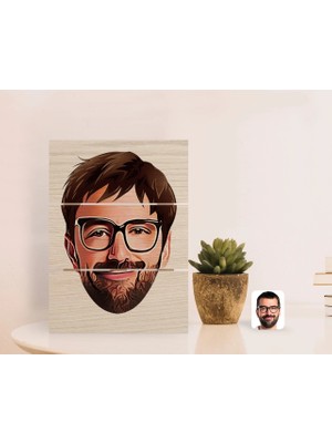 BK Gift Kişiye Özel Erkek Yüz Karikatürlü Otantik Masaüstü Ahşap Palet Çerçeve-1