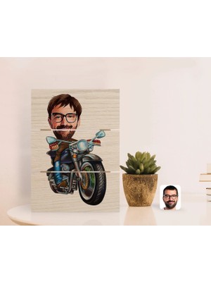 BK Gift Kişiye Özel Erkek Motorcu Karikatürlü Otantik Masaüstü Ahşap Palet Çerçeve-2