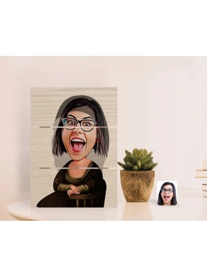 BK Gift Kişiye Özel Mona Lisa Karikatürlü Otantik Masaüstü Ahşap Palet Çerçeve-1