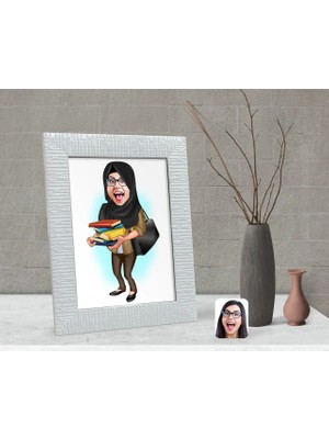 BK Gift Kişiye Özel Tesettürlü Kadın Öğretmen Karikatürlü Dekoratif Çerçeve-2