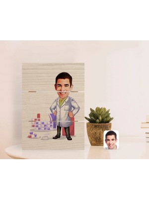 BK Gift Kişiye Özel Erkek Eczacı Karikatürlü Otantik Masaüstü Ahşap Palet Çerçeve-3