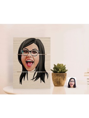 BK Gift Kişiye Özel Kadın Yüz Karikatürlü Otantik Masaüstü Ahşap Palet Çerçeve-2