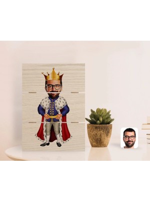 BK Gift Kişiye Özel Kral Karikatürlü Otantik Masaüstü Ahşap Palet Çerçeve-1