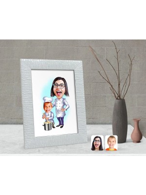 BK Gift Kişiye Özel Anne Oğul Chef Karikatürlü Dekoratif Çerçeve-1