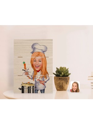 BK Gift Kişiye Özel Kadın Chef Karikatürlü Otantik Masaüstü Ahşap Palet Çerçeve-1