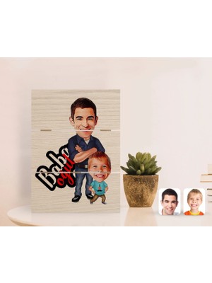 BK Gift Kişiye Özel Baba Oğul Karikatürlü Otantik Masaüstü Ahşap Palet Çerçeve-5