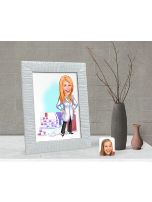 BK Gift Kişiye Özel Kadın Eczacı Karikatürlü Dekoratif Çerçeve-3
