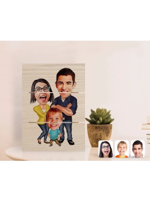 BK Gift Kişiye Özel Aile Karikatürlü Otantik Masaüstü Ahşap Palet Çerçeve-1