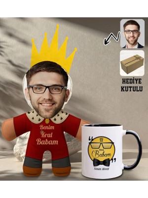 Bk Gift Kişiye Özel Fotoğraflı Kral Babam Tasarımlı Bebek Yastık-1 & Siyah Kupa Bardak Hediye Seti-14, Babalar Günü Hediye, Babaya Hediye