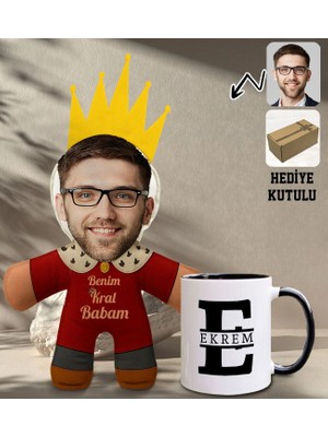 Bk Gift Kişiye Özel Fotoğraflı Kral Babam Tasarımlı Bebek Yastık-1 & Siyah Kupa Bardak Hediye Seti-4, Babalar Günü Hediye, Babaya Hediye