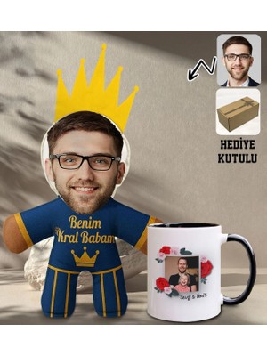 Bk Gift Kişiye Özel Fotoğraflı Kral Babam Tasarımlı Bebek Yastık-2 & Siyah Kupa Bardak Hediye Seti-6, Babalar Günü Hediye, Babaya Hediye