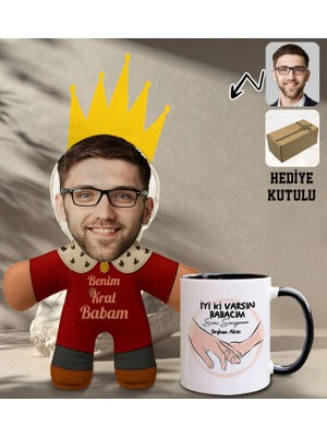 Bk Gift Kişiye Özel Fotoğraflı Kral Babam Tasarımlı Bebek Yastık-1 & Siyah Kupa Bardak Hediye Seti-9, Babalar Günü Hediye, Babaya Hediye