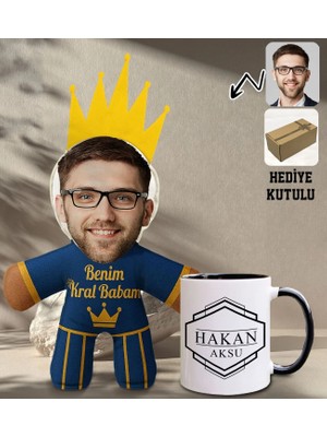 Bk Gift Kişiye Özel Fotoğraflı Kral Babam Tasarımlı Bebek Yastık-2 & Siyah Kupa Bardak Hediye Seti-5, Babalar Günü Hediye, Babaya Hediye