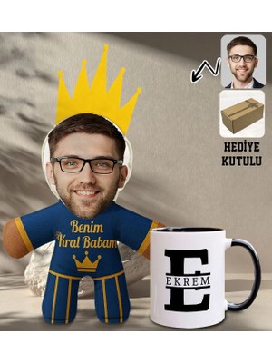 Bk Gift Kişiye Özel Fotoğraflı Kral Babam Tasarımlı Bebek Yastık-2 & Siyah Kupa Bardak Hediye Seti-4, Babalar Günü Hediye, Babaya Hediye