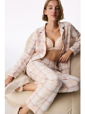 Penti Açık Pembe Lena Checked Ekoseli Uzun Kollu Gömlek Pantolon Pijama Takımı