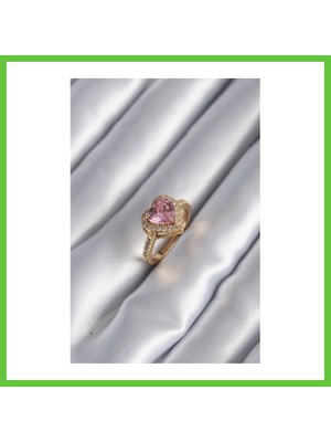 Bezos Pirinç Gold Renk Pembe Zirkon Taşlı Charm Kalp Model Kadın Yüzük Dmc
