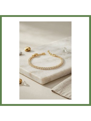 Bezos Pirinç Gold Renk Ince Zirkon Taşlı Su Yolu Kadın Bileklik HB006