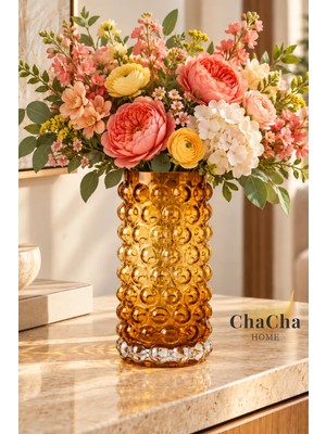 ChaCha Home Dekoratif Cam Vazo Bal Rengi Kabarcık Dokulu Çiçek Vazosu 23x11 cm