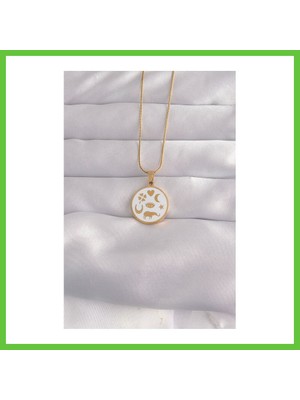 Bezos 316L Çelik Gold Renk Beyaz Mineli Karışık Figürlü Tarot Kolye Dmc