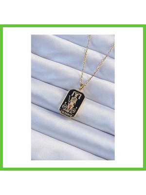 Bezos 316L Çelik Zincir Gold Renk Siyah Mineli Tarot Kolye Dmc