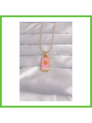 Bezos 316L Çelik Gold Renk Pembe Mineli Güneş Model Tarot Kolye Dmc