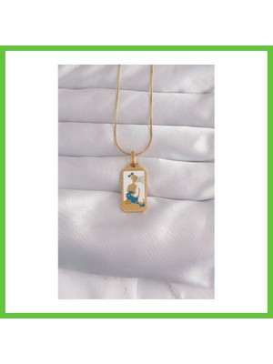 Bezos 316L Çelik Gold Renk Beyaz Mineli Kız Figür Tarot Kolye Dmc