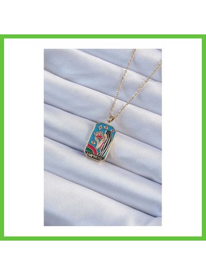 Bezos 316L Çelik Zincir Gold Renk Taç ve Kız Figürlü Renkli Mineli Tarot Kolye Dmc