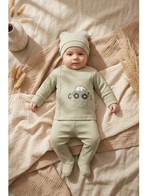 Babycan Sage Yeşili Pamuklu 3’lü Bebek Takımı - Little Cool Dude Nakışlı Kimono Üst, Patikli Alt ve Bere Seti