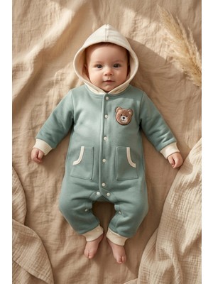 Babydonat Milo Teddy Nakışlı Kapüşonlu Bebek Tulumu - %100 Pamuklu Yumuşak Doku, Pastel Unisex Bebek Jumpsuit
