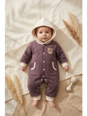 Babydonat Milo Teddy Nakışlı Kapüşonlu Bebek Tulumu - %100 Pamuklu Yumuşak Doku, Pastel Unisex Bebek Jumpsuit
