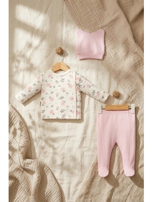 Babycan Mila Blossom %100 Pamuklu Çiçek Desenli 3'lü Bebek Takımı - Kruvaze Üst, Patikli Pantolon ve Kulaklı Bere Seti