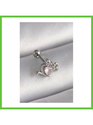 Bezos 316L Çelik Gümüş Renk Pembe Mineli Kalp Zirkon Taş Detay Tragus Piercing Dmc