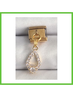 Bezos 316L Çelik Gold Renk Sallantı Zirkon Taşlı Damla Model Nomination Charm Dmc