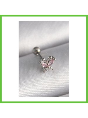 Bezos 316L Çelik Gümüş Renk Pembe Zirkon Taşlı Kelebek Tragus Piercing Dmc