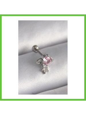 Bezos 316L Çelik Gümüş Renk Pembe Zirkon Taşlı Sallantı Yıldız Detay Tragus Piercing Dmc
