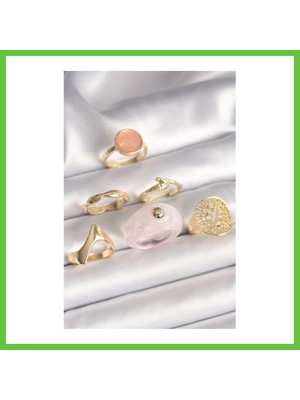 Bezos Pirinç Gold Renk Pembe Plastik Yüzük Model Daire Pembe Mine Yılan Detay 6'lı Kadın Yüzük Seti Dmc