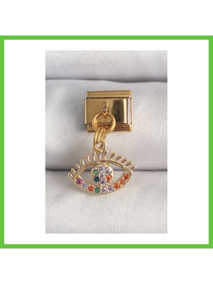 Bezos 316L Çelik Gold Renk Sallantı Renkli Zirkon Taşlı Göz Model Nomination Charm Dmc