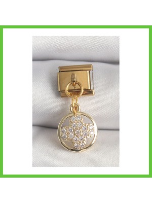 Bezos 316L Çelik Gold Renk Sallantı Zirkon Taşlı Yonca Model Nomination Charm Dmc