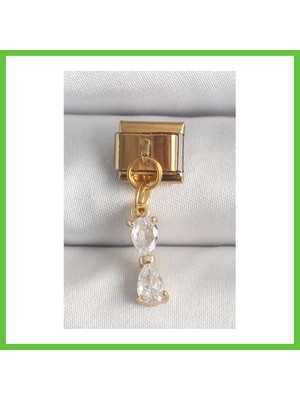 Bezos 316L Çelik Gold Renk Sallantı Zirkon Taşlı Kurdele Model Nomination Charm Dmc