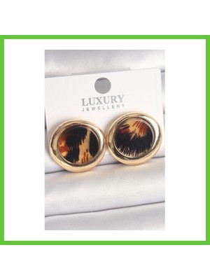 Bezos Pirinç Gold Renk Leopar Desen Daire Model Kadın Küpe Dmc