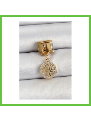 Bezos 316L Çelik Sallantılı Zirkon Taşlı Hayat Ağacı Model Gold Renk Nomination Charm Dmc