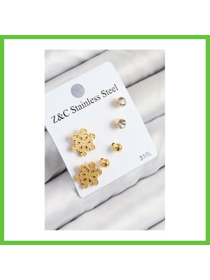 Bezos 316L Çelik Zirkon Taşlı Kar Tanesi Model Gold Renk Kadın Set Küpe Dmc