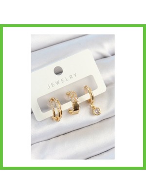 Bezos Pirinç Zirkon Taşlı Halka Model Gold Renk 3'lü Çift Kadın Küpe Set Dmc