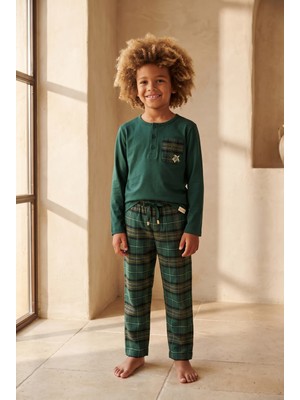 Katia & Bony Erkek Çocuk Dear Santa Kaplumbağa Nakışlı Ekoseli Yılbaşı Pijama Takımı Yeşil