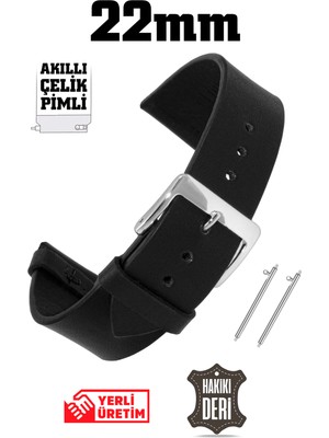 Saatse 22mm Siyah Hakiki Deri Saat Kordonu Akıllı Pim Çelik Toka