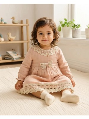 Mymio Somon Müslin Kumaşlı Dantelli Kız Bebek Elbise