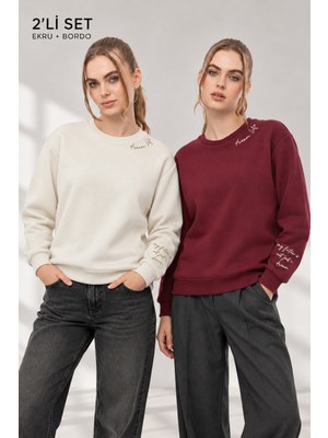 Quhox Kadın Ekru Bordo 2’li Şardonlu Nakışlı Sweatshirt Seti